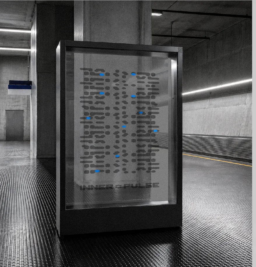 Caja de luz en una estación de metro con el patrón de puntos y acentos Azul Pulso